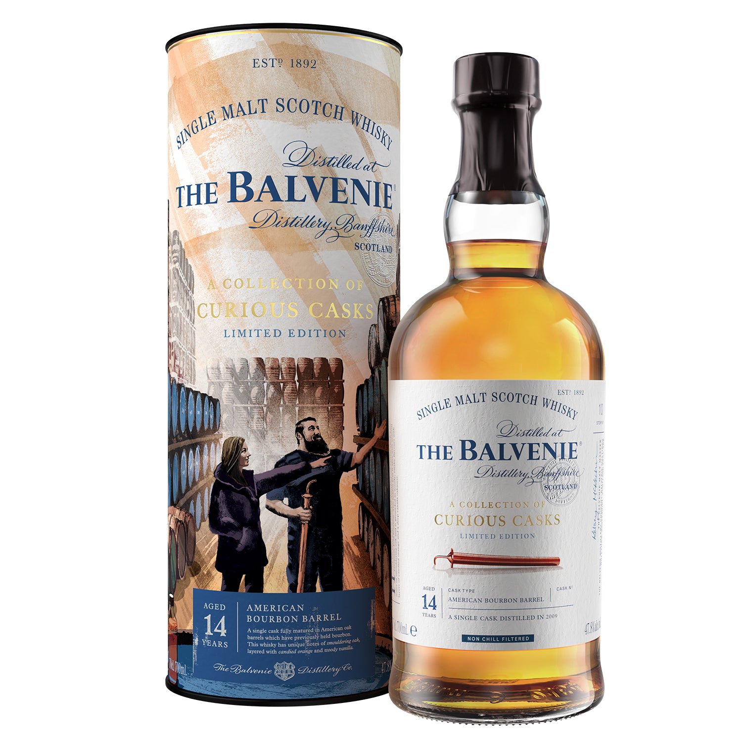 A bottle of Balvenie Stories 14 Year Old American Bourbon Barrel single malt Scotch whisky next to its cylindrical packaging featuring the Balvenie logo and the product information.