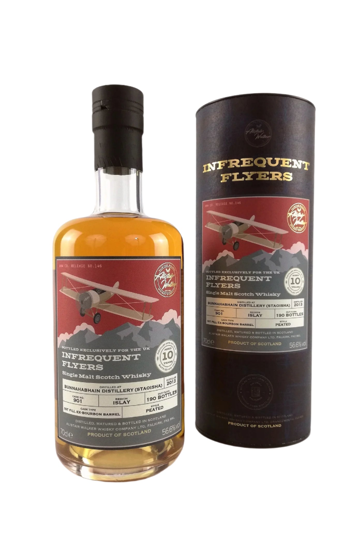Two bottles of Bunnahabhain whisky with labels indicating 'Infrequent Flyers' and '10 Year Old 2013 (cask 901)'. One bottle is larger and has a colorful label, while the other is smaller and has a mostly black label.